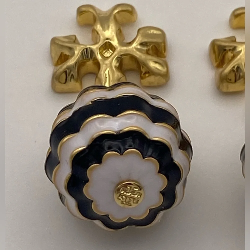 Tory Burch Roxanne TB logo drop earrings with black & white striped enamel ball